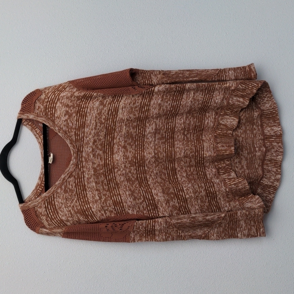 We The Free People Mesh Lace Striped Brown Tunic Sweater Size Small
